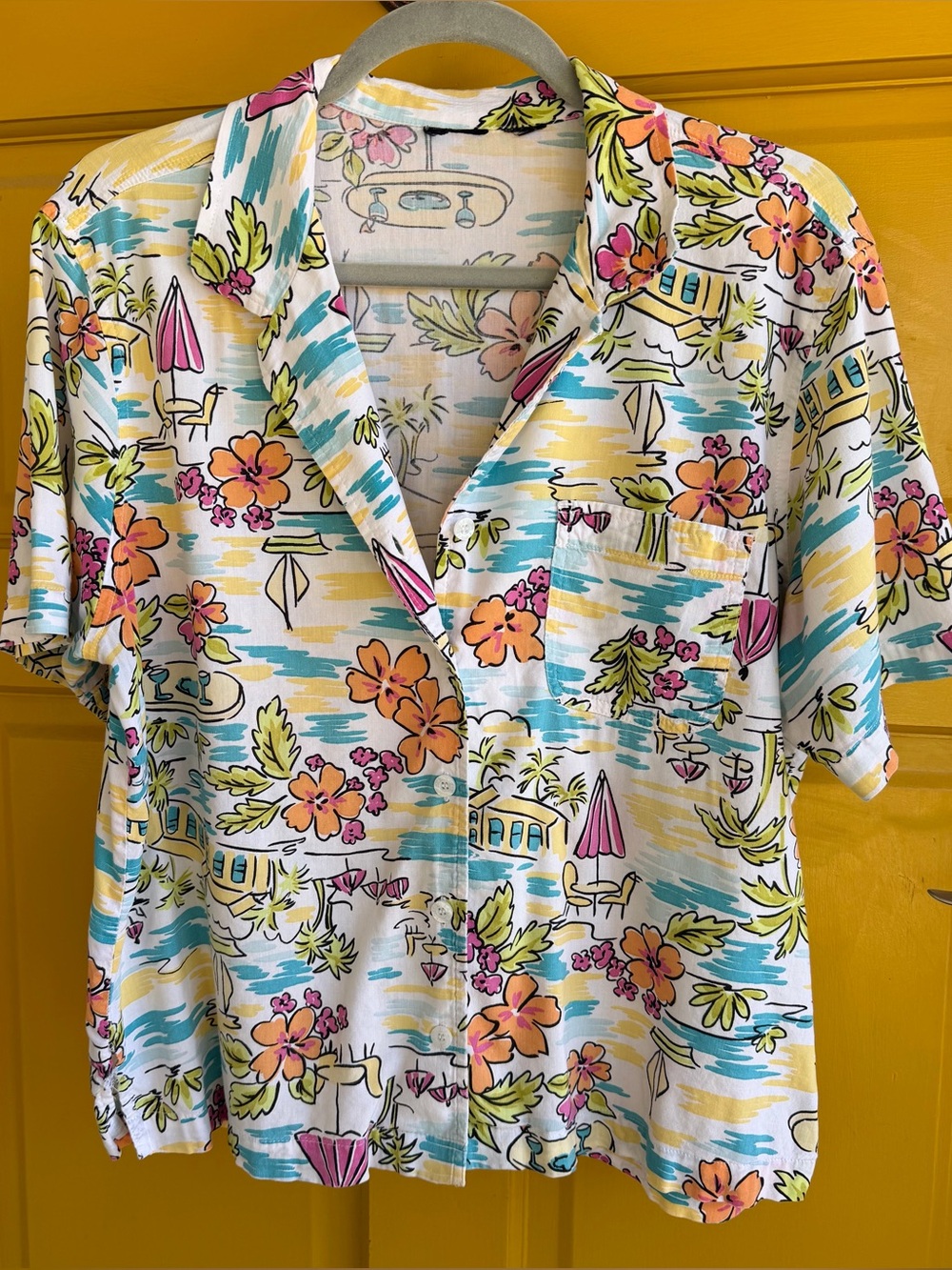 Beachy Floral Button-Up Shirt in White, Yellow, Teal, Pink A roomy medium.